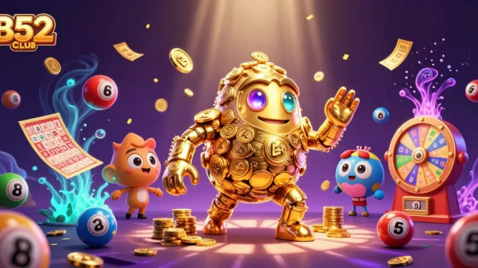 B52CLUB rewards players in a vibrant gambling universe with golden golem, slot symbols, and dynamic lottery elements.