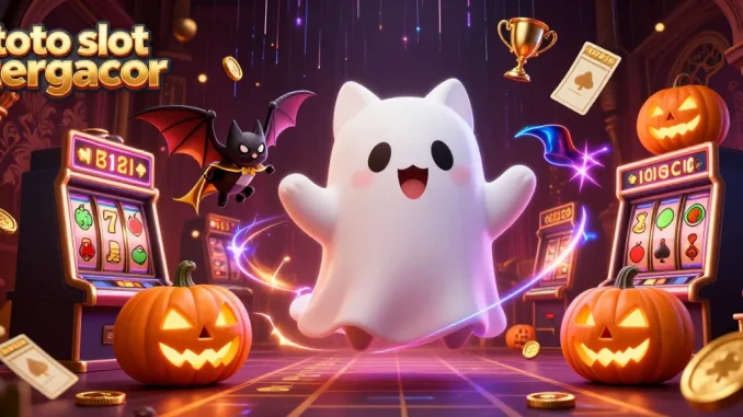 Spinning the reels at toto slot tergacor with a ghost cat and vibrant casino elements.