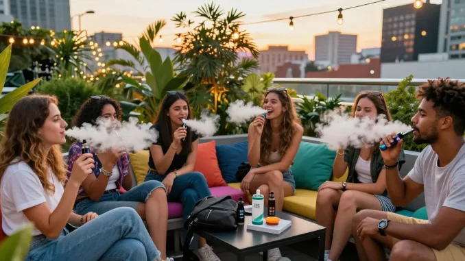 Group enjoying THC vape in a vibrant rooftop garden with city lights.