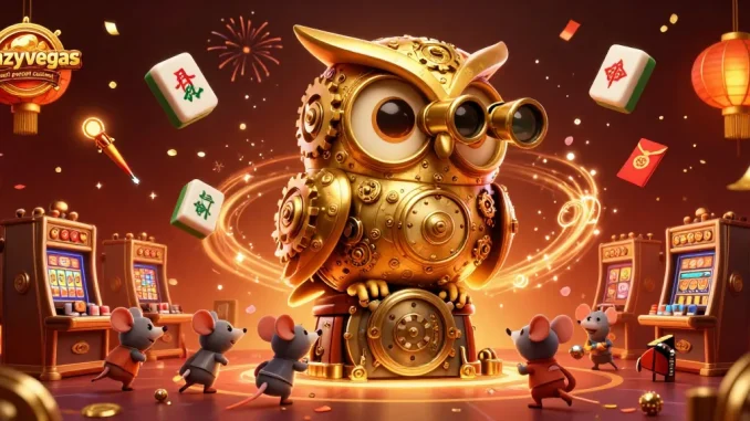 Experience the thrill at crazyvegas best payout casinos, featuring a dynamic owl and lucky mouse patrons in a vibrant casino scene.